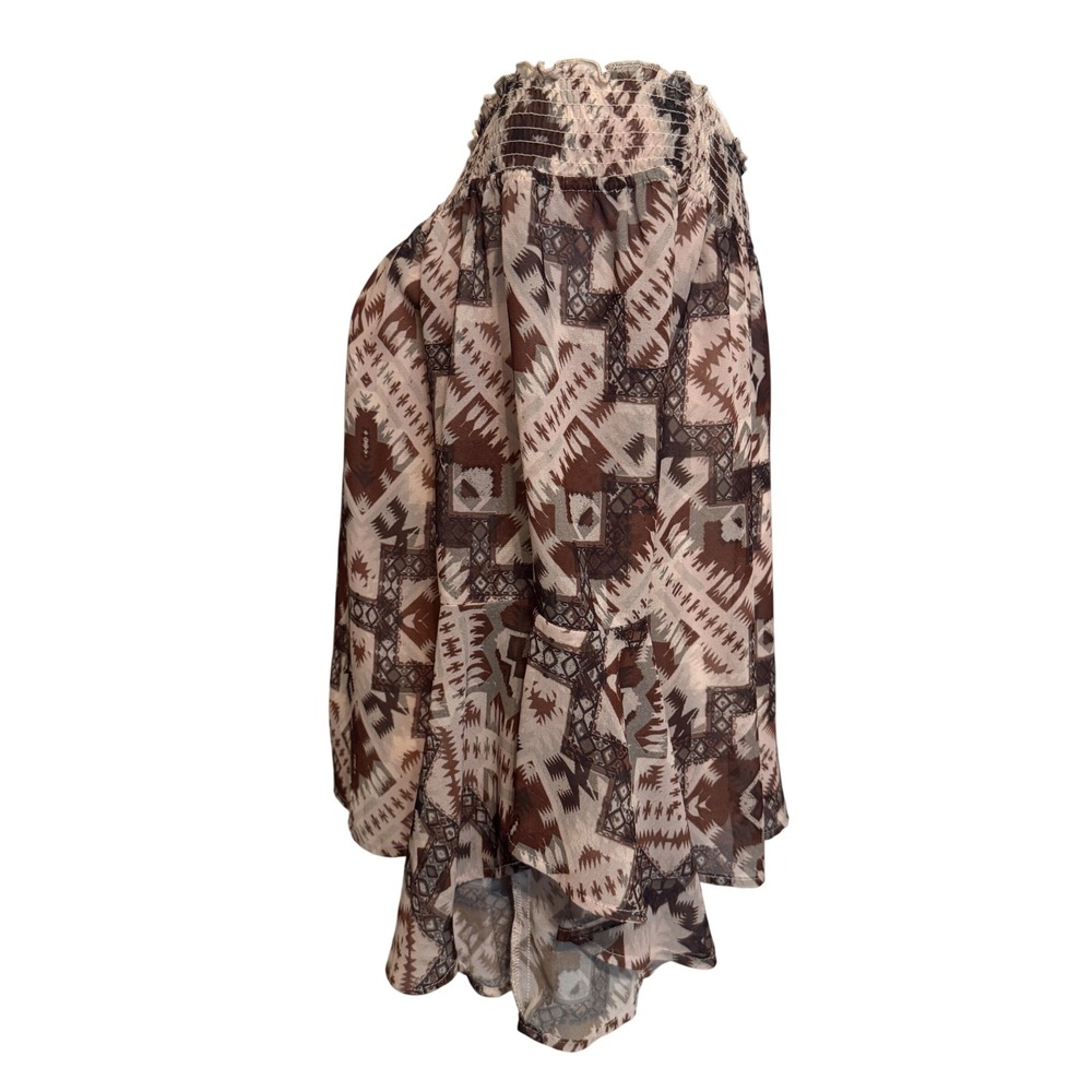 Shyanne Off Shoulder Blouse Womens Medium Brown Aztec Western Boho Bell Sleeve - Picture 3 of 10